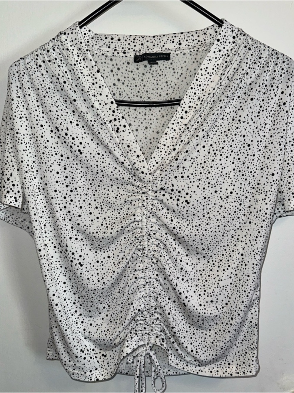 Adrianna Papell White Top with Black Dot Print and Ruched Tie